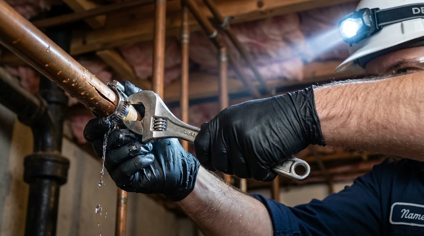 Emergency pipe clamp repair being performed by a Johns Plumbing LLC plumber in Ellsworth