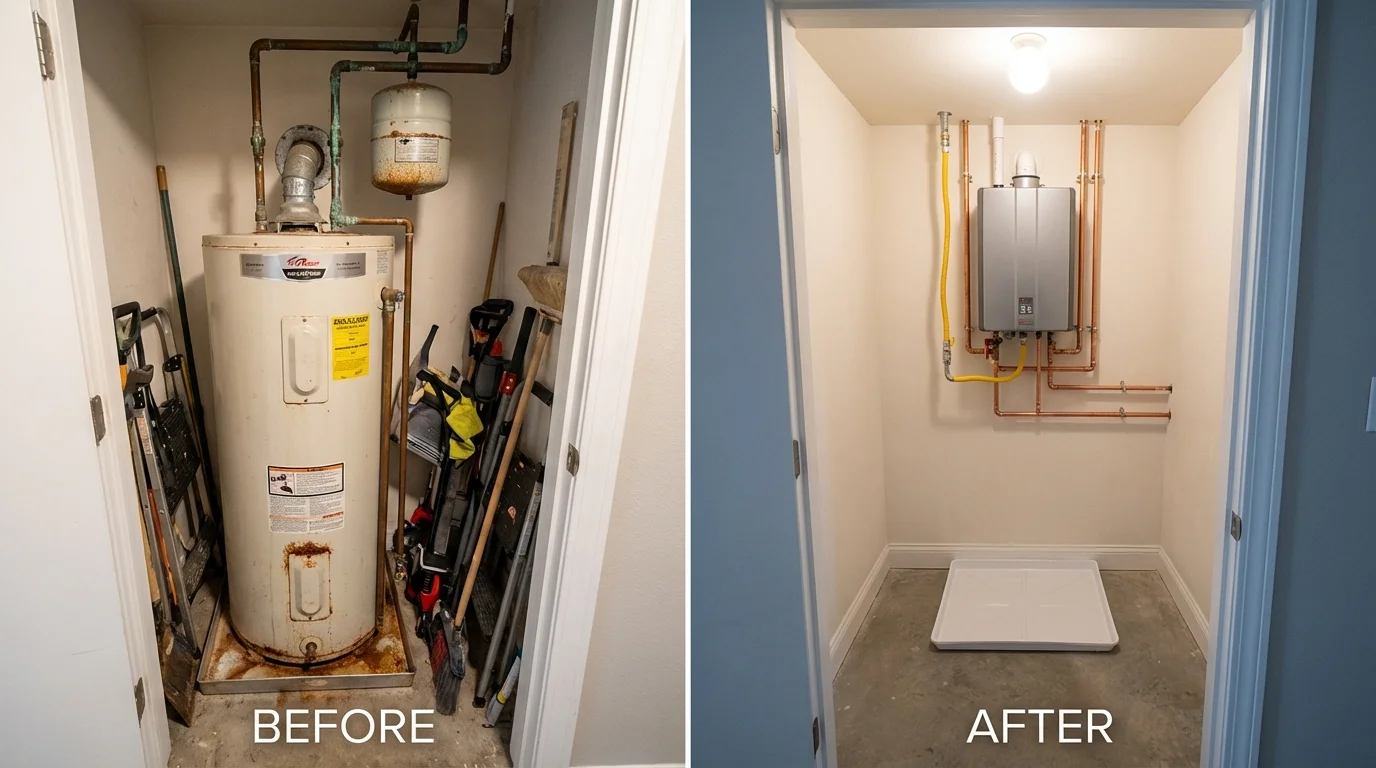 Tank water heater versus wall-mounted tankless unit comparison for Ellsworth, KS homeowners