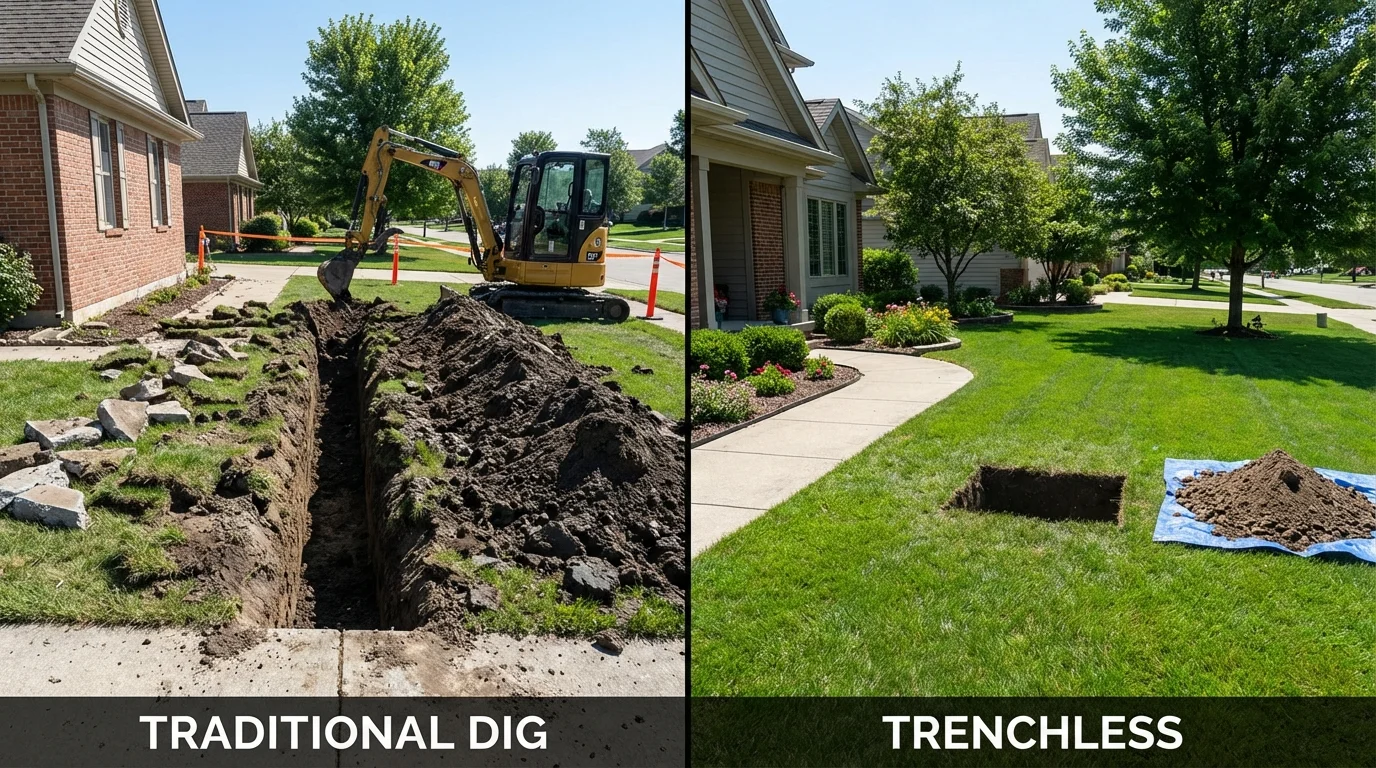 Trenchless sewer repair with minimal yard damage versus traditional excavation in Ellsworth, KS