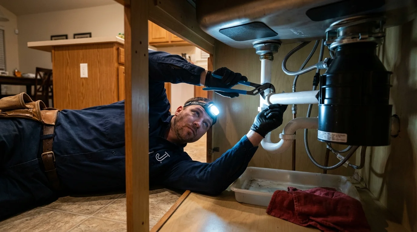 P-trap and supply line connections under a kitchen sink showing a common leak point in Ellsworth, KS